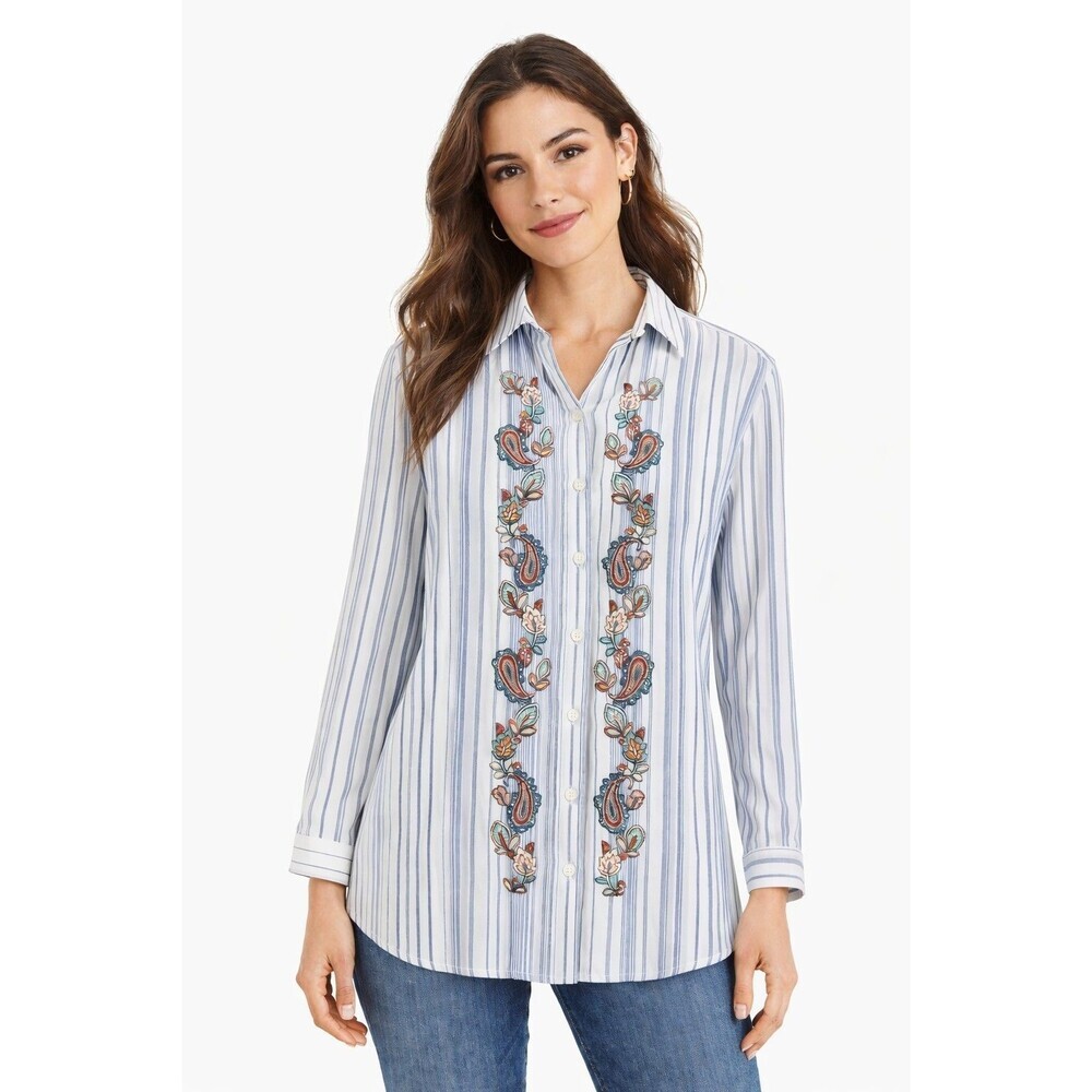 Chicos 2 Womens Large Embroidered Paisley Stripe Button Front Shirt Tunic Boho